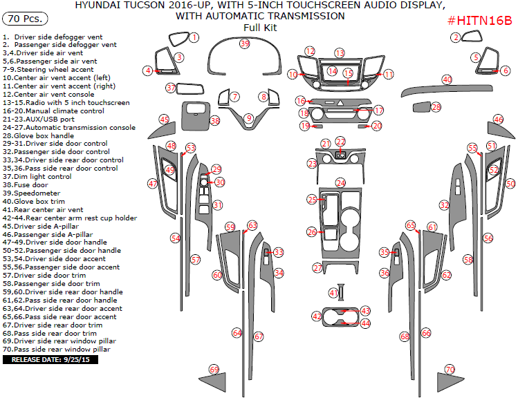 Hyundai Tucson 2016, 2017, With 5-Inch Touchscreen Audio Display, With Automatic Transmission, Full Interior Kit, 70 Pcs. dash trim kits options