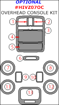 Hyundai Veracruz 2007, 2008, 2009, 2010, 2011, 2012, Optional Overhead Console Interior Kit, 13 Pcs. dash trim kits options