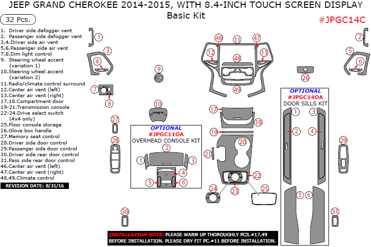 Jeep Grand Cherokee 2014-2015, With 8.4 Inch Touch Screen Display, Basic Interior Kit, 32 Pcs. dash trim kits options