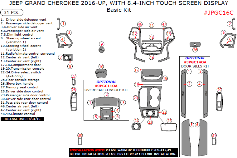 Jeep Grand Cherokee 2016, 2017, 2018, 2019, 2020, 2021 With 8.4 Inch Touch Screen Display, Basic Interior Kit, 31 Pcs. dash trim kits options
