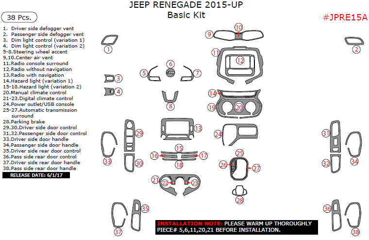 Jeep Renegade 2015, 2016, 2017, Basic Interior Kit, 38 Pcs. dash trim kits options