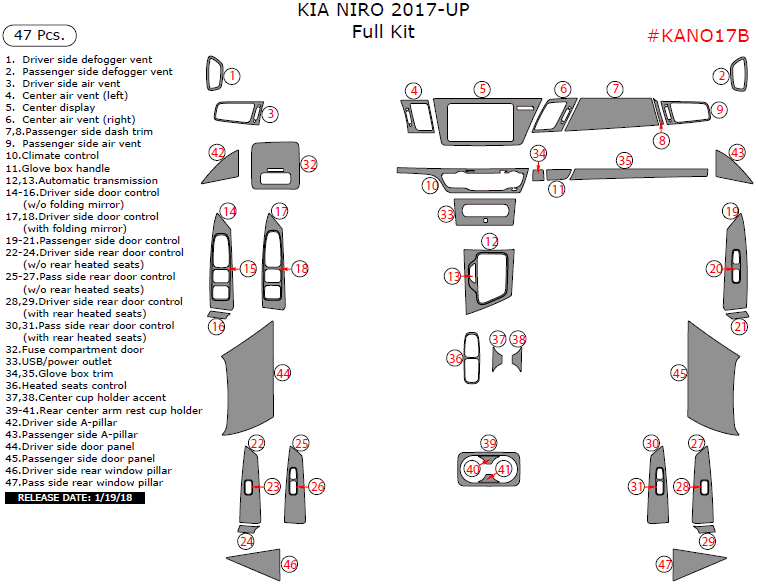 Kia Niro 2017-2019, Full Kit, 47 Pcs. dash trim kits options