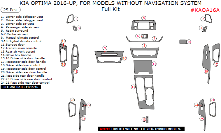 Kia Optima 2016, 2017, 2018, 2019, 2020 For Models Without Navigation System, Basic Interior Kit, 25 Pcs. dash trim kits options