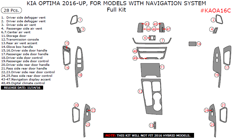 Kia Optima 2016, 2017, 2018, 2019, 2020 For Models With Navigation System, Basic Interior Kit, 28 Pcs. dash trim kits options