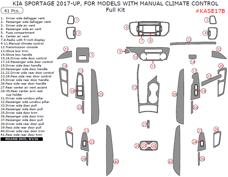 Kia Sportage 2017-2018, For Models With Manual Climate Control, Full Interior Kit, 41 Pcs. dash trim kits options