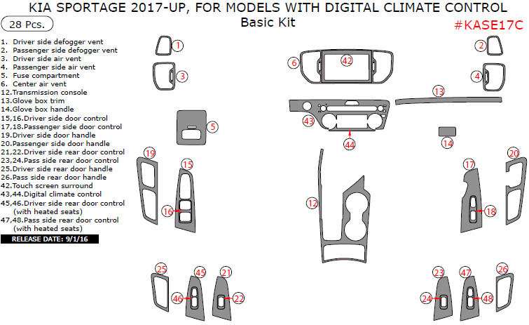 Kia Sportage 2017-2019, For Models With Digital Climate Control, Basic Interior Kit, 28 Pcs. dash trim kits options