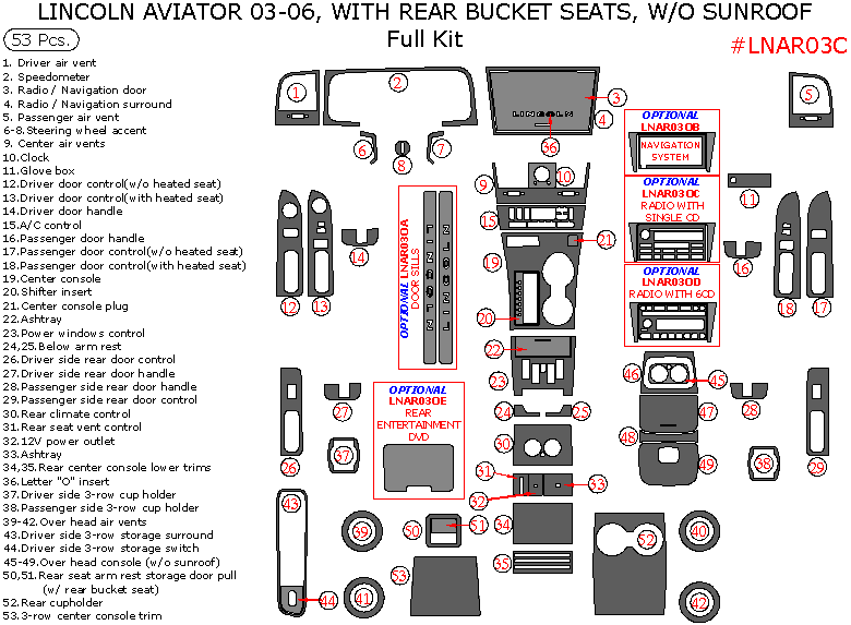 Lincoln Aviator 2003, 2004, 2005, 2006, With Rear Bucket Seats, W/o Sunroof, Full Interior Kit, 53 Pcs., Match OEM dash trim kits options