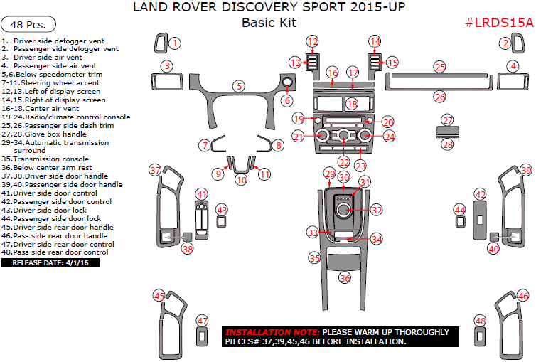 Land Rover Discovery Sport 2015, 2016, 2017, Basic Interior Kit, 48 Pcs. dash trim kits options