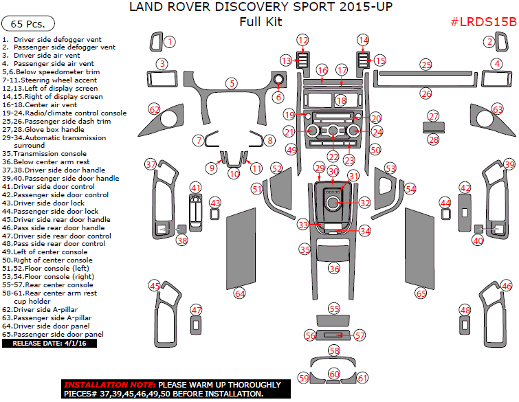 Land Rover Discovery Sport 2015, 2016, 2017, Full Interior Kit, 65 Pcs. dash trim kits options