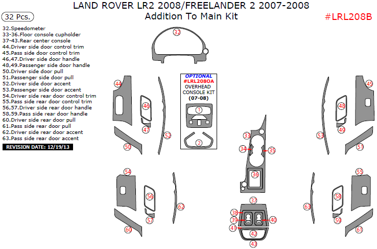 Land Rover LR2 2008/Freelander 2 2007-2008, Addition To Main Interior Kit, 32 Pcs. dash trim kits options