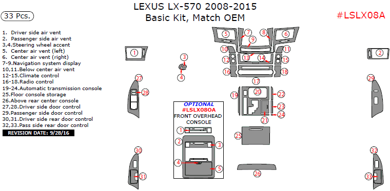 Lexus LX570 2008, 2009, 2010, 2011, 2012, 2013, 2014, 2015, Basic Interior Kit, 33 Pcs., Match OEM dash trim kits options