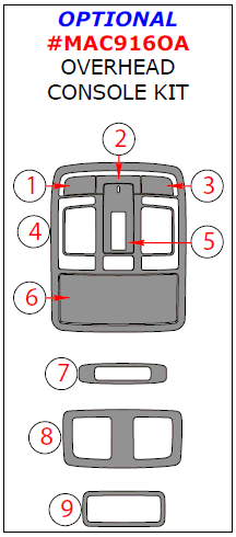 Mazda CX-9 2016, 2017, Optional Overhead Console Interior Kit, 9 Pcs. dash trim kits options