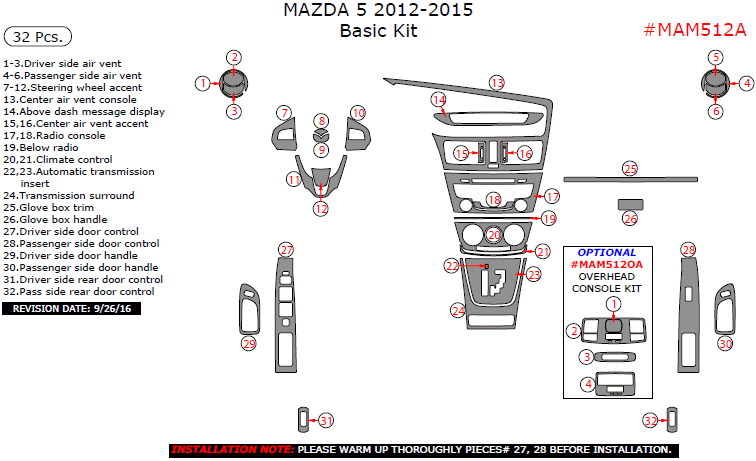 Mazda 5 2012, 2013, 2014, 2015, Basic Interior Kit, 32 Pcs. dash trim kits options