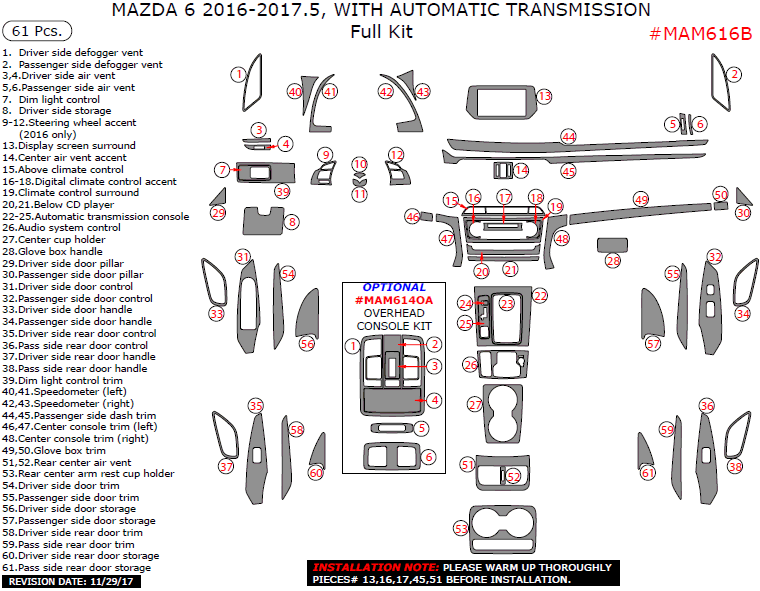 Mazda 6 2016, 2017, With Automatic Transmission, Full Interior Kit, 61 Pcs. dash trim kits options