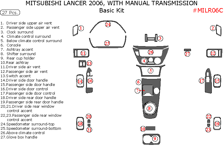 Mitsubishi Lancer 2006, Basic Interior Kit, With Manual Transmission, 27 Pcs. dash trim kits options