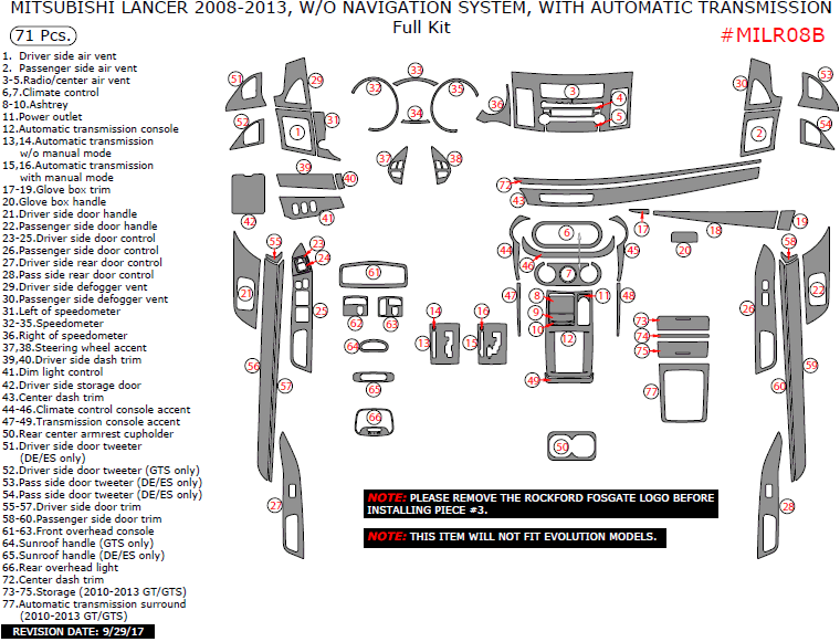 Mitsubishi Lancer 2008, 2009, 2010, 2011, 2012, 2013, Without Navigation System, With Automatic Transmission, Full Interior Kit, 71 Pcs. dash trim kits options