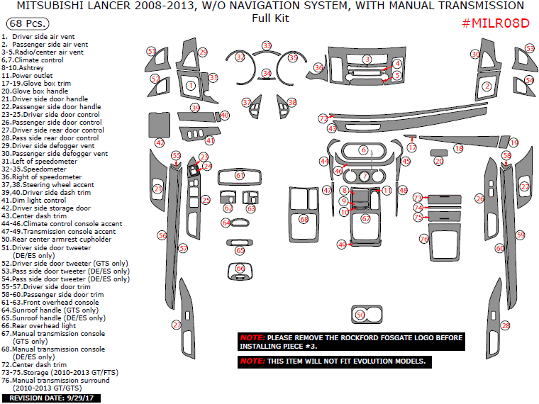 Mitsubishi Lancer 2008, 2009, 2010, 2011, 2012, 2013, Without Navigation System, With Manual Transmission, Full Interior Kit, 68 Pcs. dash trim kits options