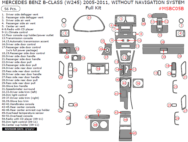 Mercedes Benz B-Class 2005, 2006, 2007, 2008, 2009, 2010, 2011, Without Navigation System, Full Interior Kit, 56 Pcs. dash trim kits options