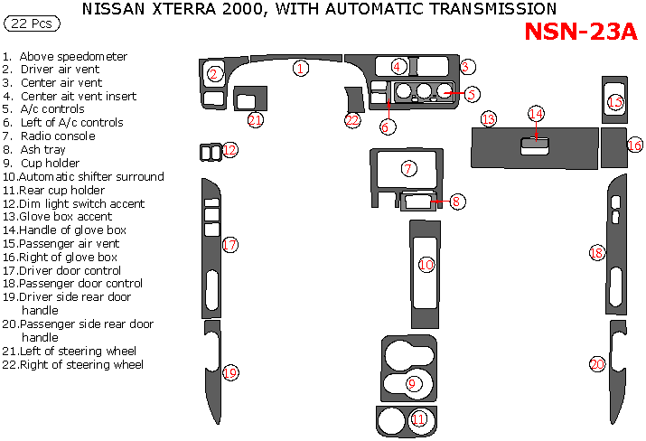 Nissan Xterra 2000, Interior Dash Kit, Automatic 22 Pcs. dash trim kits options