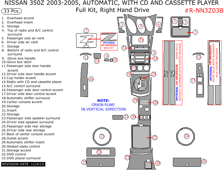 Nissan 350Z 2003, 2004, 2005 (Right Hand Drive), Full Interior Kit, Automatic, With CD and Cassette Player, 33 Pcs. dash trim kits options