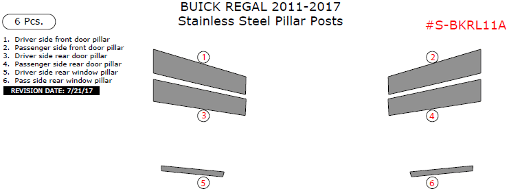 Buick Regal 2011, 2012, 2013, 2014, 2015, 2016, 2017, Stainless Steel Pillar Posts, 6 Pcs. dash trim kits options