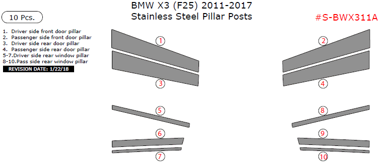 BMW X3 (F25) 2011, 2012, 2013, 2014, 2015, 2016, 2017, Stainless Steel Pillar Posts, 10 Pcs. dash trim kits options