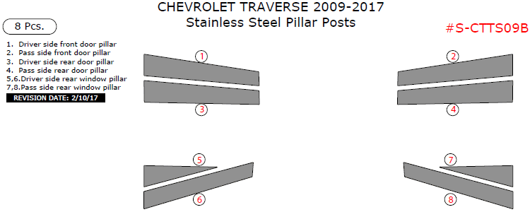 Chevrolet Traverse 2009, 2010, 2011, 2012, 2013, 2014, 2015, 2016, 2017, Stainless Steel Pillar Posts, 8 Pcs. dash trim kits options