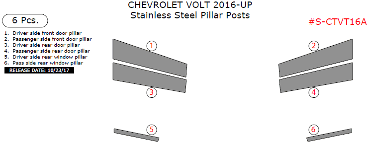 Chevrolet Volt 2016, 2017, 2018, 2019 Stainless Steel Pillar Posts, 6 Pcs. dash trim kits options