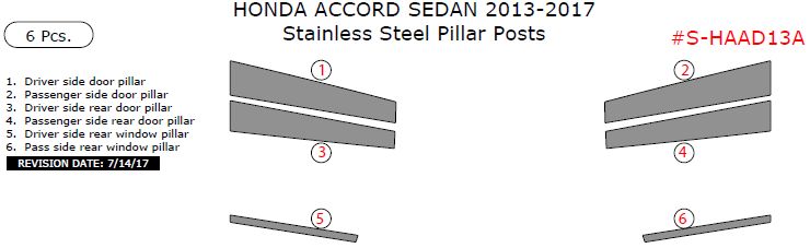 Honda Accord Sedan 2013, 2014, 2015, 2016, 2017, Stainless Steel Pillar Posts, 6 Pcs. dash trim kits options