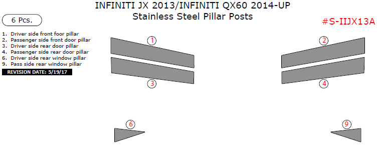 Infiniti JX 2013/Infiniti QX60 2014, 2015, 2016, 2017, Stainless Steel Pillar Posts, 6 Pcs. dash trim kits options