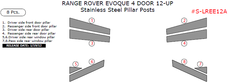 Range Rover Evoque 4 Door 2012, 2013, 2014, 2015, 2016, 2017, Stainless Steel Pillar Posts, 8 Pcs. dash trim kits options