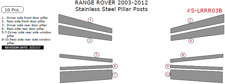 Range Rover 2003, 2004, 2005, 2006, 2007, 2008, 2009, 2010, 2011, 2012, Stainless Steel Pillar Posts, 10 Pcs. dash trim kits options