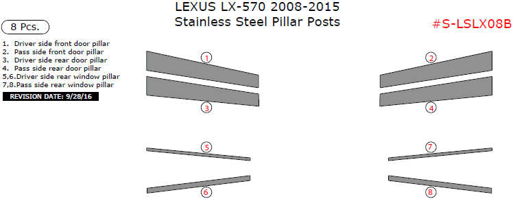 Lexus LX570 2008, 2009, 2010, 2011, 2012, 2013, 2014, 2015, Stainless Steel Pillar Posts, 8 Pcs. dash trim kits options