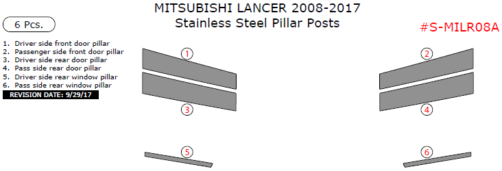 Mitsubishi Lancer 2008, 2009, 2010, 2011, 2012, 2013, 2014, 2015, 2016, 2017, Stainless Steel Pillar Posts, 6 Pcs. dash trim kits options