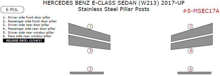 Mercedes Benz E-Class Sedan (W213) 2017-2020, Stainless Steel Pillar Posts, 6 Pcs. dash trim kits options