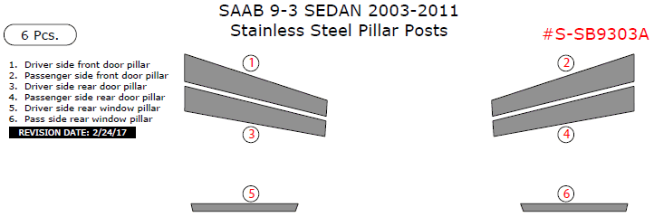 Saab 9-3 Sedan 2003, 2004, 2005, 2006, 2007, 2008, 2009, 2010, 2011, Stainless Steel Pillar Posts, 6 Pcs. dash trim kits options