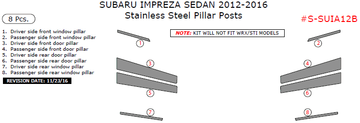 Subaru Impreza Sedan 2012, 2013, 2014, 2015, 2016, Stainless Steel Pillar Posts, 8 Pcs. dash trim kits options