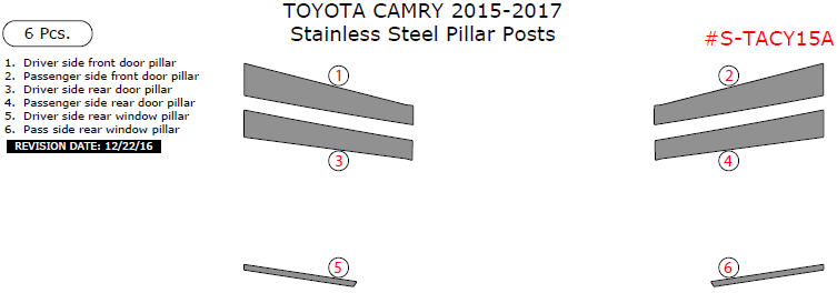 Toyota Camry 2015, 2016, 2017, Stainless Steel Pillar Posts, 6 Pcs. dash trim kits options