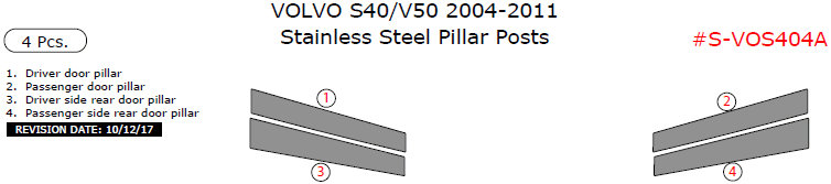 Volvo S40/V50 2004, 2005, 2006, 2007, 2008, 2009, 2010, 2011, Stainless Steel Pillar Posts, 4 Pcs. dash trim kits options