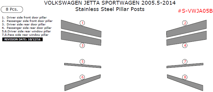 Volkswagen Jetta Sportwagen 2005.5, 2006, 2007, 2008, 2009, 2010, 2011, 2012, 2013, 2014, Stainless Steel Pillar Posts, 8 Pcs. dash trim kits options