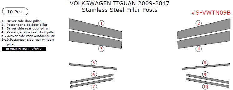 Volkswagen Tiguan 2009, 2010, 2011, 2012, 2013, 2014, 2015, 2016, 2017, Stainless Steel Pillar Posts, 10 Pcs. dash trim kits options