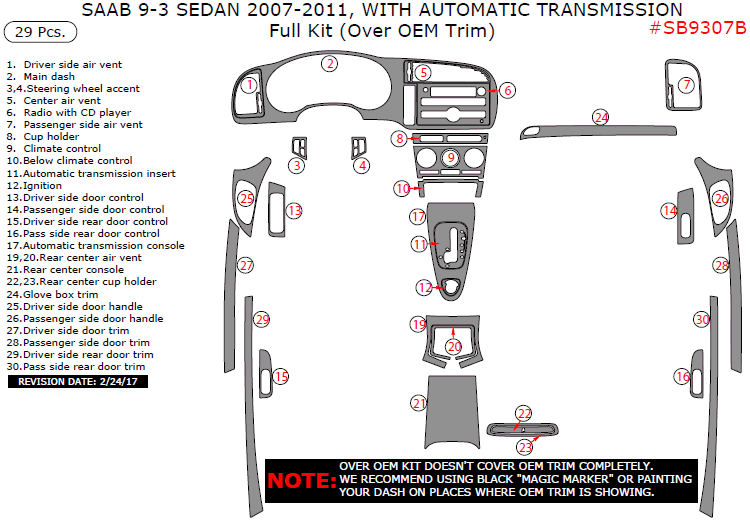 Saab 9-3 Sedan 2007, 2008, 2009, 2010, 2011, Interior Dash Kit, With Automatic Transmission, Full Kit (Over OEM Trim), 29 Pcs. dash trim kits options