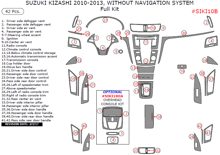 Suzuki Kizashi 2010, 2011, 2012, 2013, Without Navigation System, Full Interior Kit, 42 Pcs. dash trim kits options