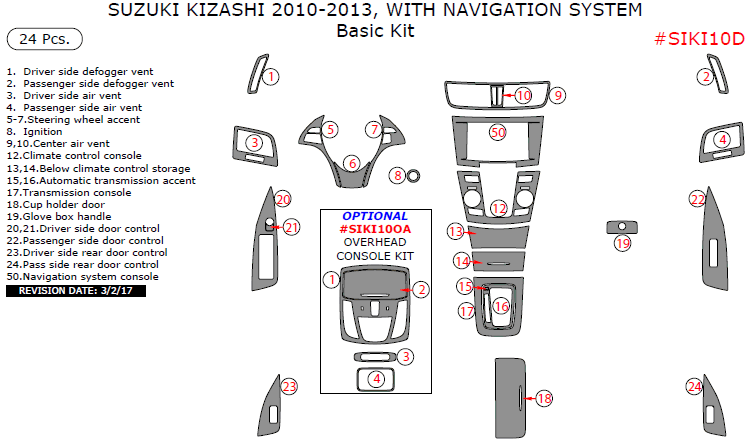 Suzuki Kizashi 2010, 2011, 2012, 2013, With Navigation System, Basic Interior Kit, 24 Pcs. dash trim kits options