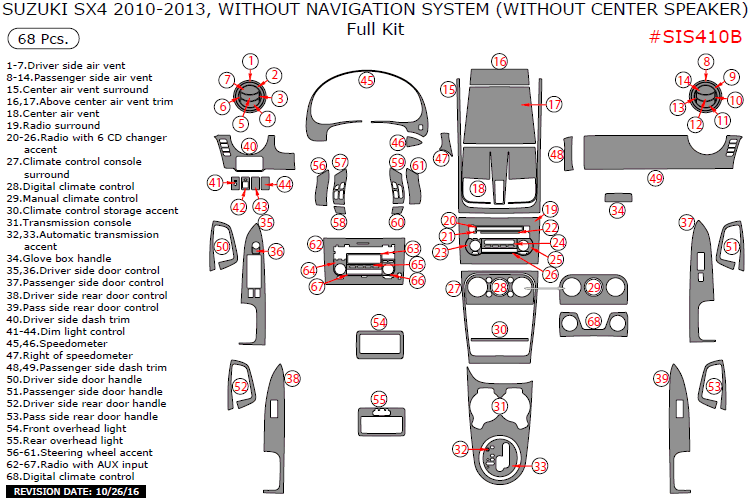 Suzuki SX4 2010, 2011, 2012, 2013, Without Navigation System (Without Center Speaker), Full Interior Kit, 68 Pcs. dash trim kits options