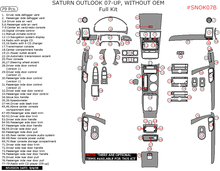 Saturn Outlook 2007, 2008, 2009, 2010, Without OEM, Full Interior Kit, 79 Pcs. dash trim kits options