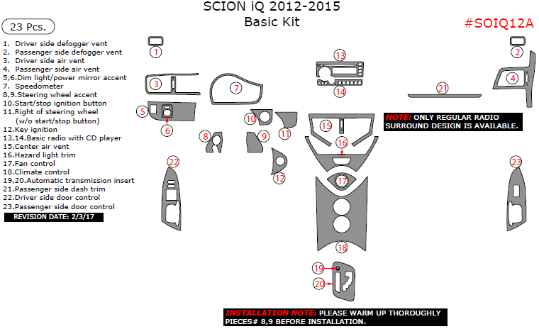 Scion iQ 2012, 2013, 2014, 2015, Basic Interior Kit, 23 Pcs. dash trim kits options