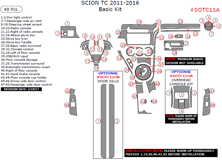 Scion tC 2011, 2012, 2013, 2014, 2015, 2016, Basic Interior Kit, 48 Pcs. dash trim kits options