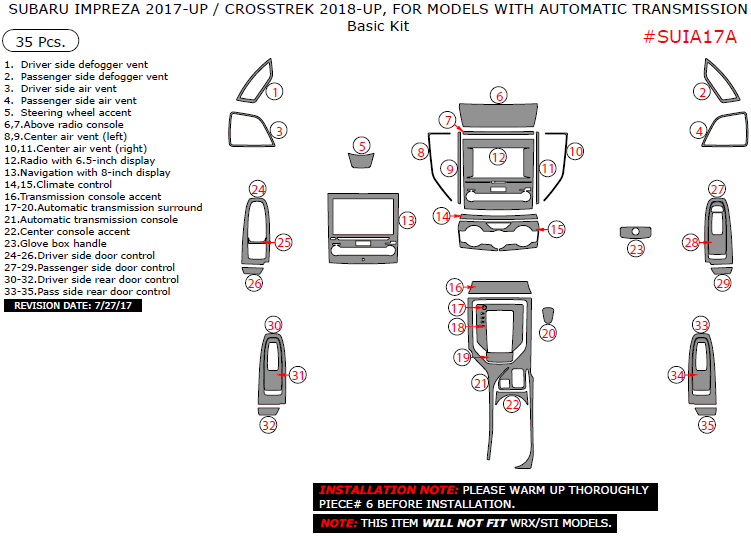 Subaru Impreza 2017-2018/Crosstrek 2018-2023, For Models With Automatic Transmission, Basic Interior Kit, 35 Pcs. dash trim kits options