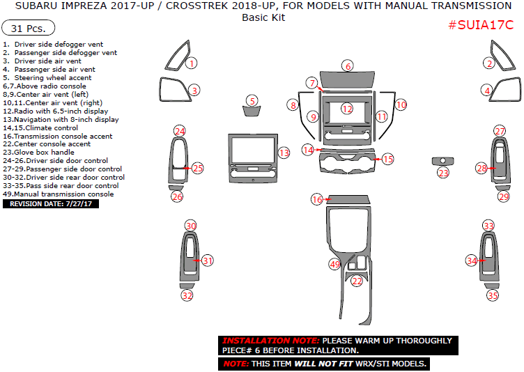 Subaru Impreza 2017-2018/Crosstrek 2018-2023, For Models With Manual Transmission, Basic Interior Kit, 31 Pcs. dash trim kits options